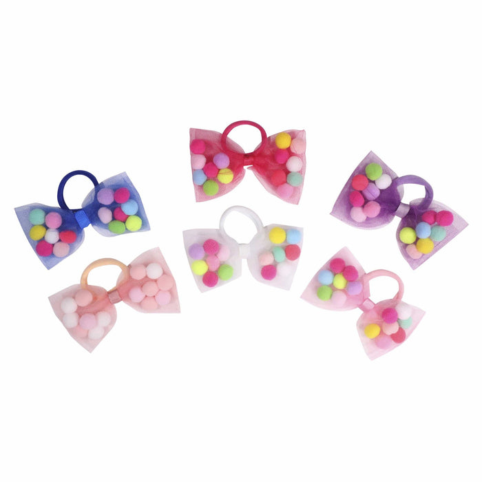 Bow Pom Pom Hair Ties | 4" Bow - 2Pcs | Soft Ponytail Holders with Strong Grip