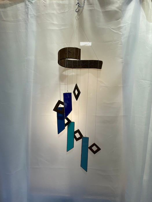 Blue Wind Chime Made From Upcycle Steel & Stained Glass