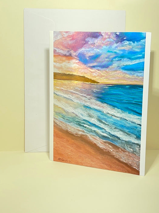 Gift Card with Pastel Drawing of the Ocean at Sunset. Blank Card.
