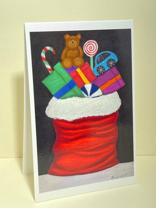 Mini Christmas Card. Pastel Drawing of Santas Sack. Blank Inside.