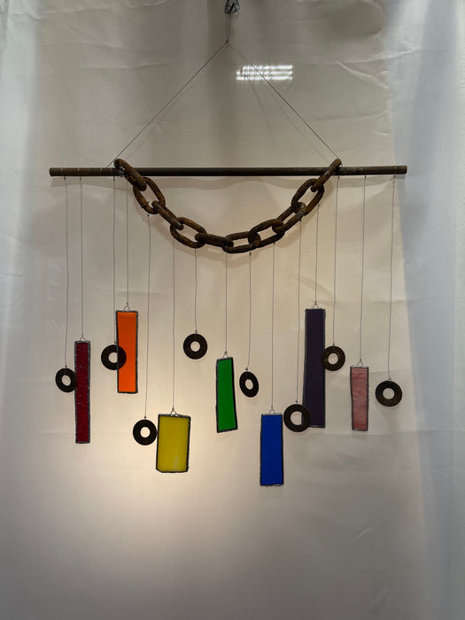 Rainbow Wind Chime Made From Upcycle Steel Washers & Stained Glass