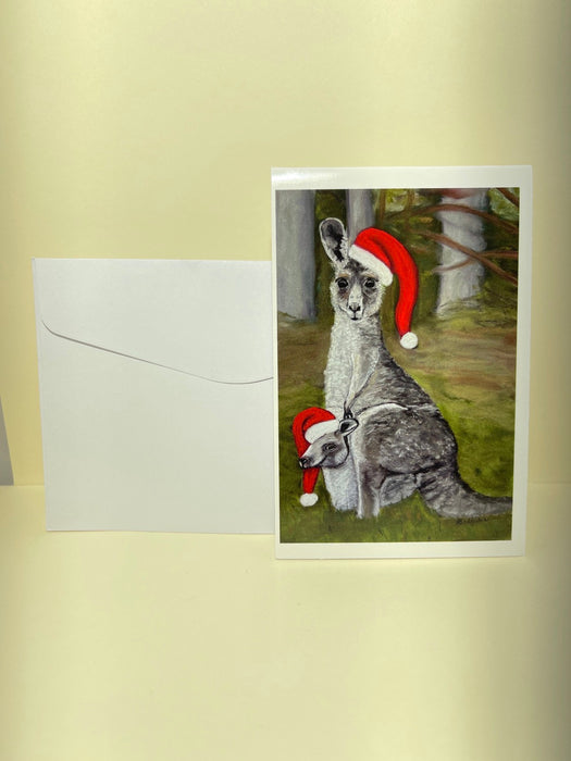 Mini Christmas Card. Pastel Drawing of a Kangaroo & Joey. Blank Inside.