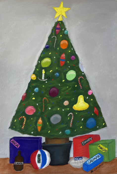 Christmas Postcard. Pastel Drawing of a Christmas Tree.