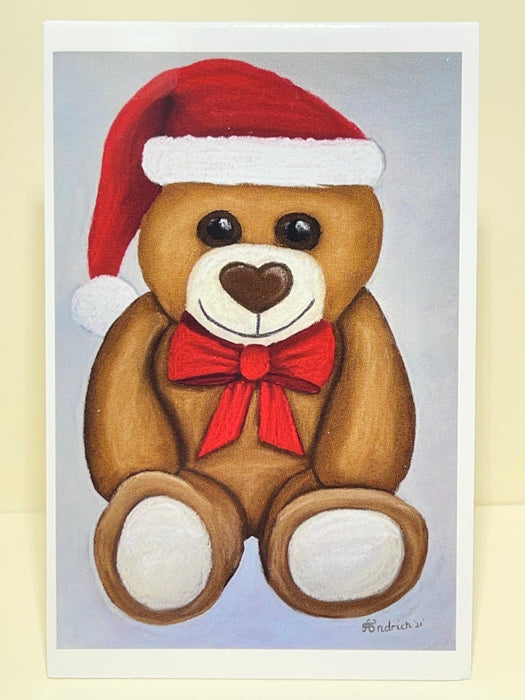 Mini Christmas Card. Pastel Drawing of a Teddy Bear. Blank Inside.