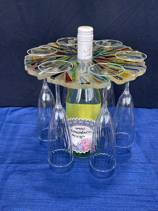 6 Glass Wine Carrier Caddy Handmade Resin and Glass Eclectic Colourful