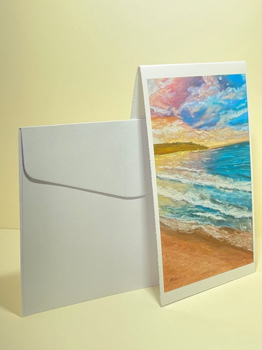 Mini Gift Card. Pastel Drawing of Ocean in the Evening. Blank Inside.