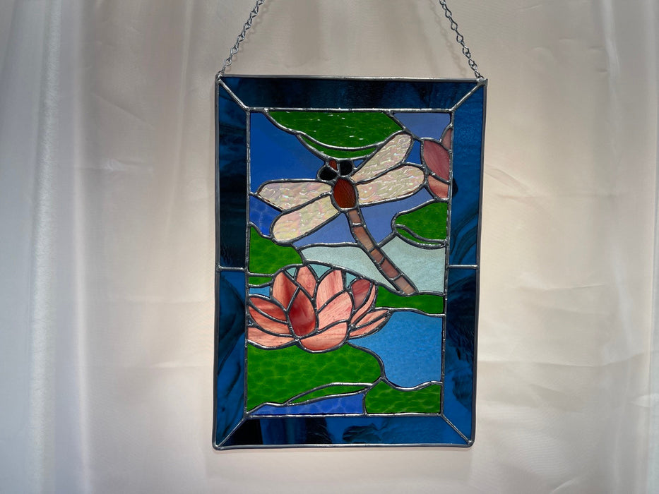 Dragonfly on Lilly Pads Leadlight A3 Hanger for Window Handmade Stained Glass