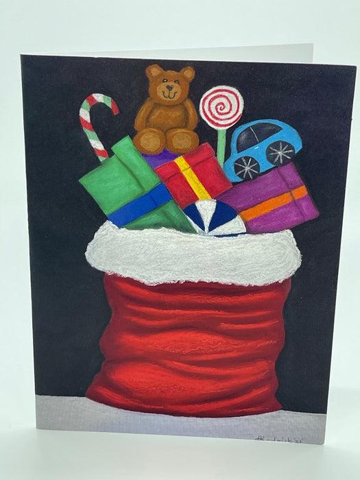 Christmas Card with Pastel Drawing of Santas Sack. Blank Card.
