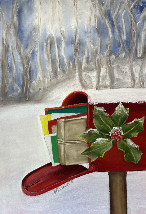 Christmas Postcard. Pastel Drawing of a Mailbox in the Snow.