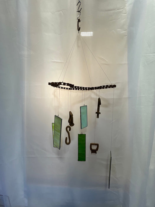 Green Wind Chime Made From Upcycle Steel Chain & Stained Glass