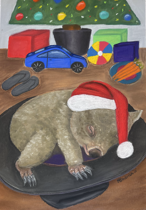 Christmas Postcard. Pastel Drawing of a Wombat Sleeping in an Akubra Hat