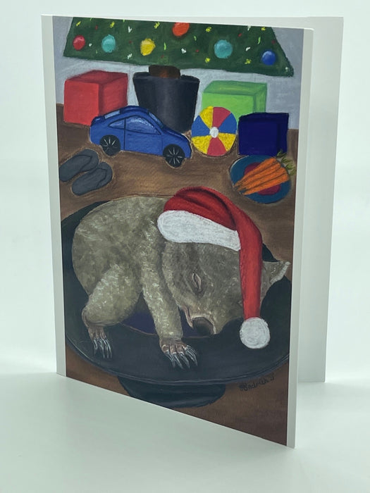 Christmas Card with Pastel Drawing of a Wombat in an Akubra Hat. Blank Card.