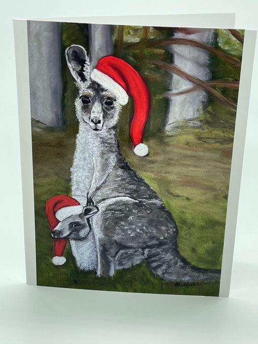 Christmas Card with Pastel Drawing of a Kangaroo & Joey. Blank Card.