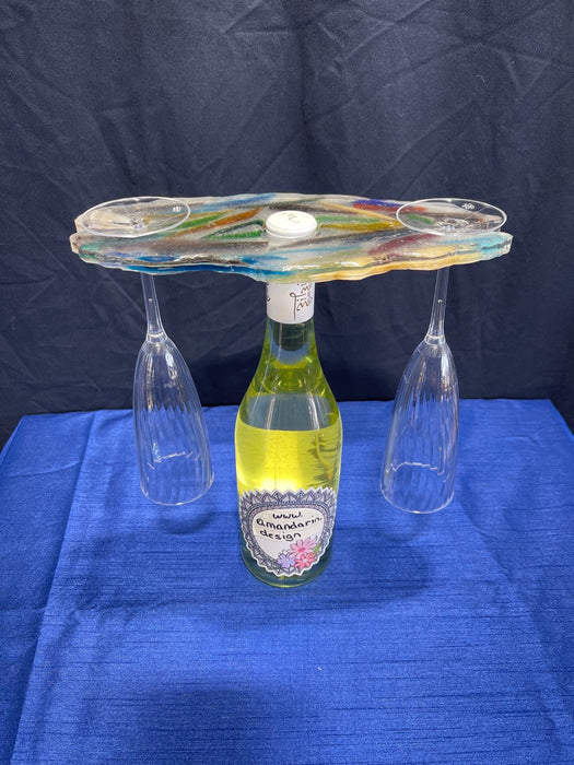 2 Glass Wine Carrier Caddy Handmade Resin and Glass Eclectic Colourful