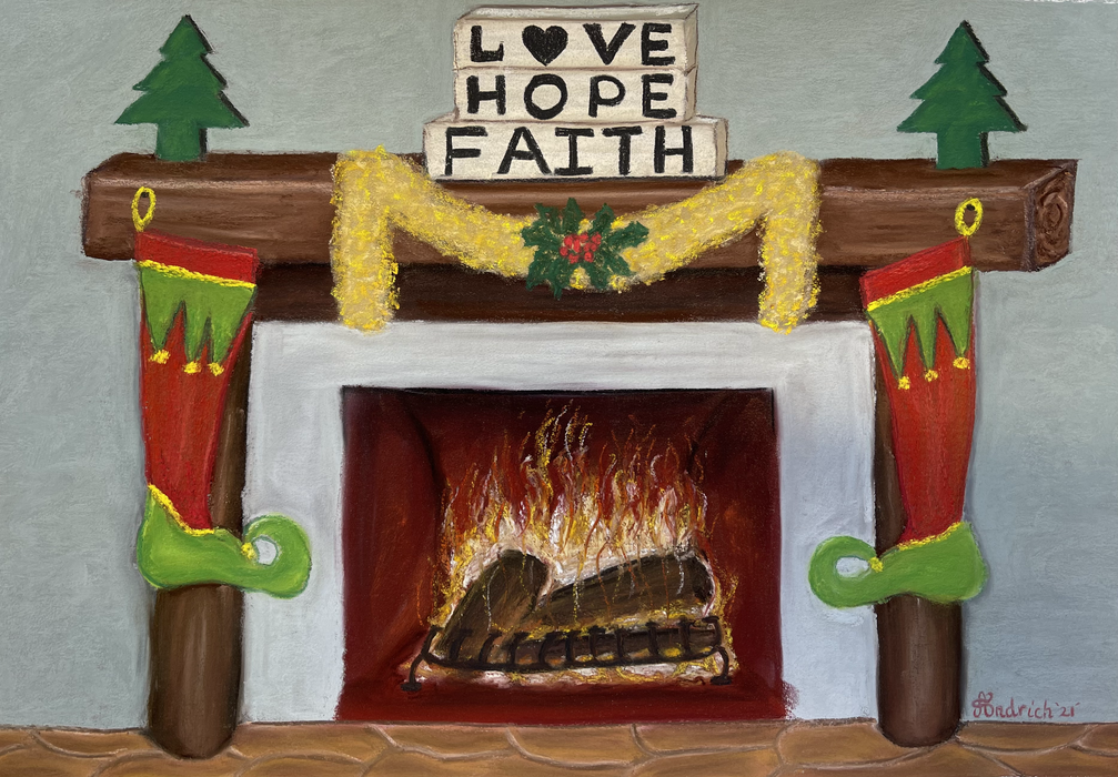 Christmas Postcard. Pastel Drawing of a Festive Fire Place.