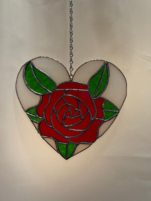 Red Rose Heart Leadlight Hanger for Window Handmade Stained Glass
