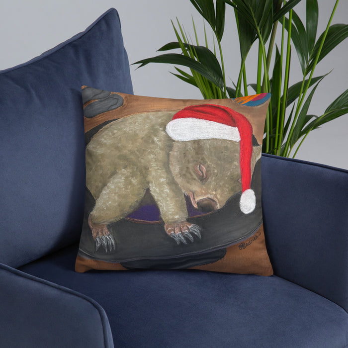 Pastel Drawing of Christmas Wombat in Akubra Hat, Printed on Cushion.