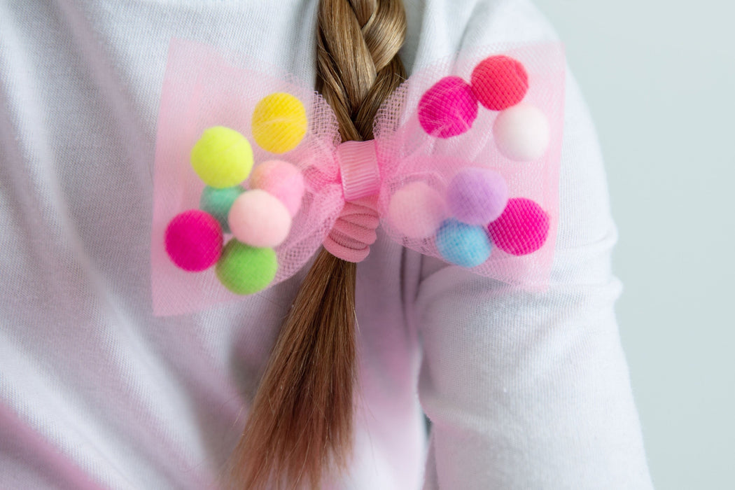 Bow Pom Pom Hair Ties | 4" Bow - 2Pcs | Soft Ponytail Holders with Strong Grip