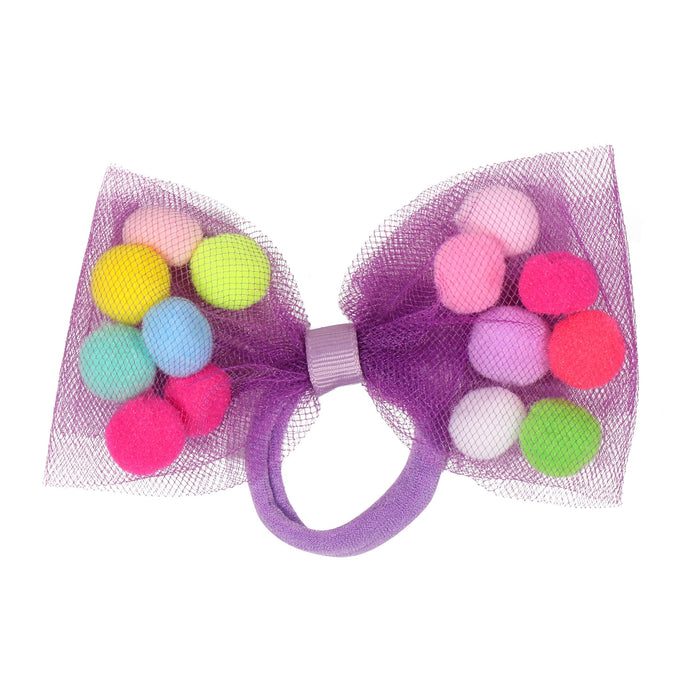 Bow Pom Pom Hair Ties | 4" Bow - 2Pcs | Soft Ponytail Holders with Strong Grip