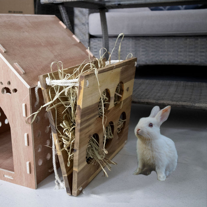 Wooden Rabbit Hay Feeder | Food Manger & Dispenser, Hay Grass Rack for Small Pets