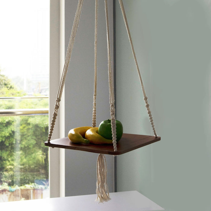 Macrame Plant Hanger Shelf with Wooden Tray for Indoor Garden and Balcony Decoration