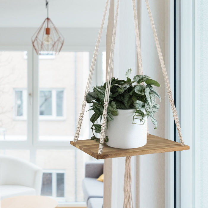 Macrame Plant Hanger Shelf with Wooden Tray for Indoor Garden and Balcony Decoration