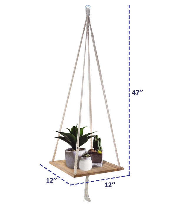 Macrame Plant Hanger Shelf with Wooden Tray for Indoor Garden and Balcony Decoration