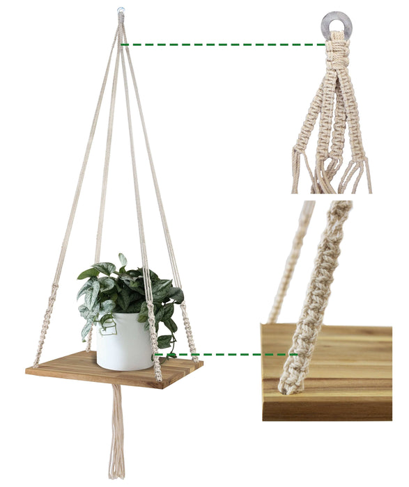 Macrame Plant Hanger Shelf with Wooden Tray for Indoor Garden and Balcony Decoration