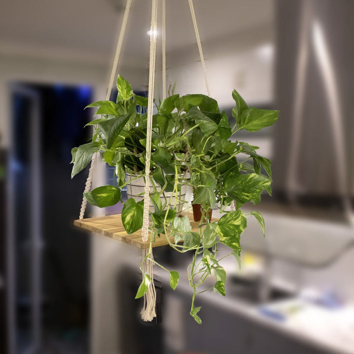 Macrame Plant Hanger Shelf with Wooden Tray for Indoor Garden and Balcony Decoration