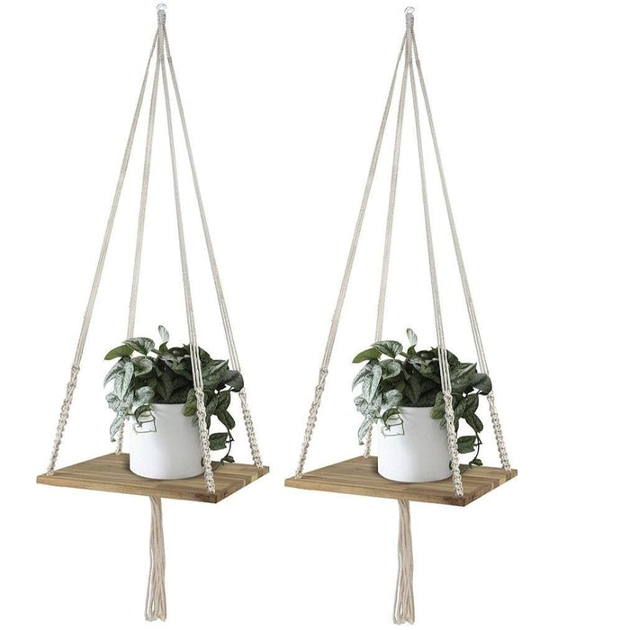 Macrame Plant Hanger Shelf with Wooden Tray for Indoor Garden and Balcony Decoration