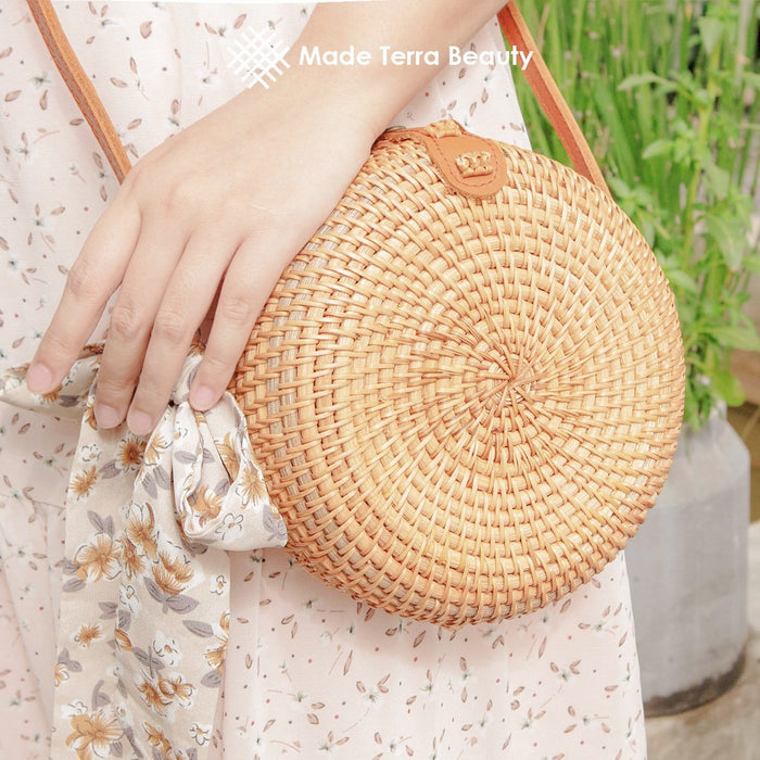 Round Rattan Bag (7-inch) | Hand Woven Boho Bali Ata Rattan Crossbody Handbags