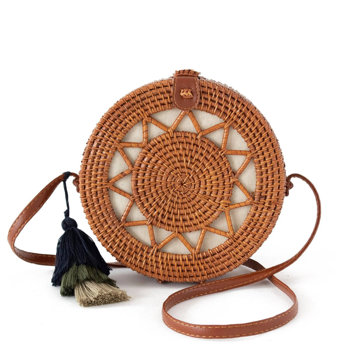Round Rattan Bag (Sun) | 9-Inch Summer Essential Straw Bag for Women