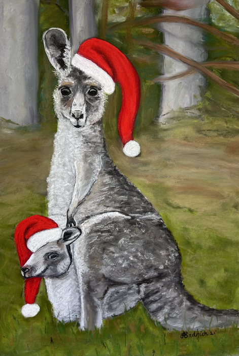 Christmas Postcard. Pastel Drawing of a Kangaroo & Joey.
